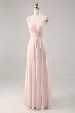 Candy Pink Cap Sleeves Ruched Long Bridesmaid Dress with Slit