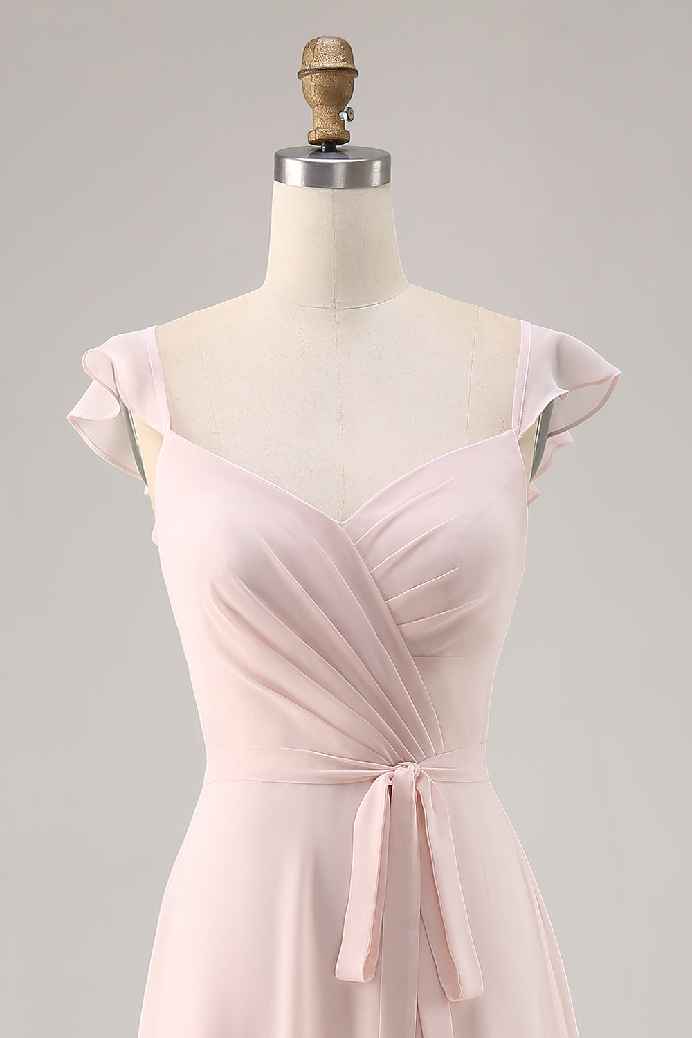 Candy Pink Cap Sleeves Ruched Long Bridesmaid Dress with Slit