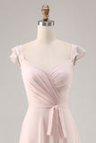 Candy Pink Cap Sleeves Ruched Long Bridesmaid Dress with Slit