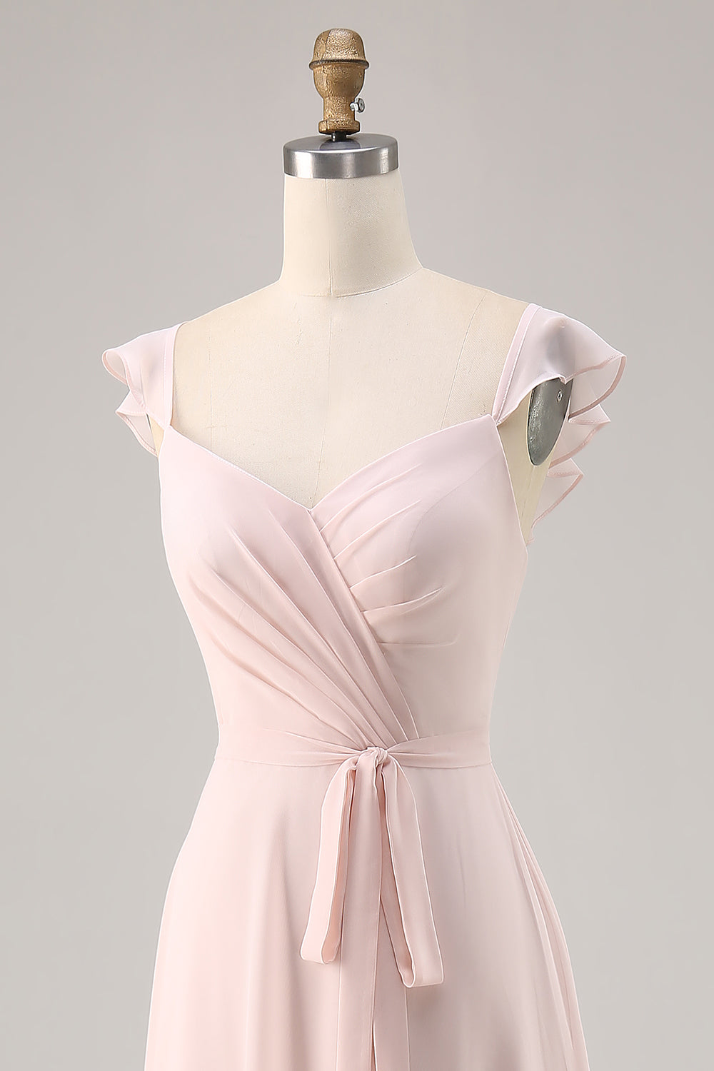 Candy Pink Cap Sleeves Ruched Long Bridesmaid Dress with Slit