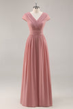 Dusty Rose V-Neck Ruched Chiffon Long Bridesmaid Dress with Drape