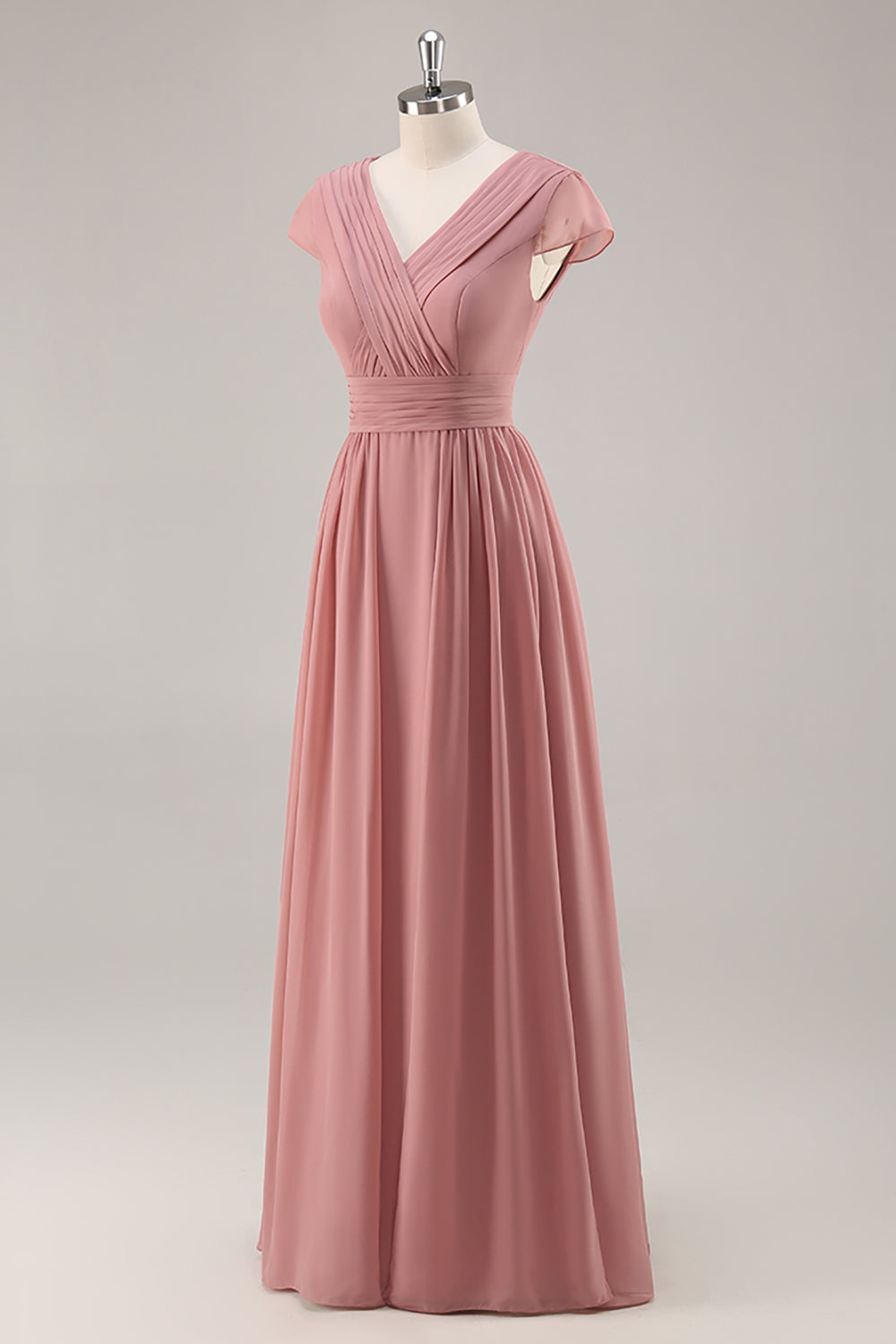 Dusty Rose V-Neck Ruched Chiffon Long Bridesmaid Dress with Drape