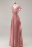 Dusty Rose V-Neck Ruched Chiffon Long Bridesmaid Dress with Drape