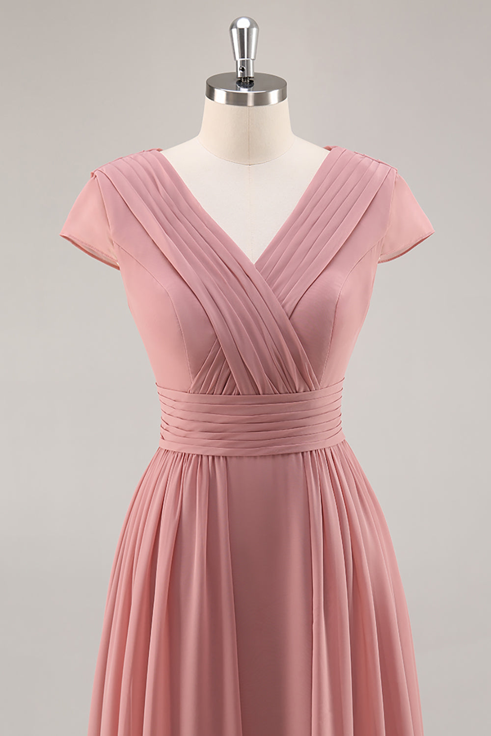 Dusty Rose V-Neck Ruched Chiffon Long Bridesmaid Dress with Drape