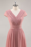 Dusty Rose V-Neck Ruched Chiffon Long Bridesmaid Dress with Drape