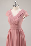 Dusty Rose V-Neck Ruched Chiffon Long Bridesmaid Dress with Drape