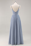 Dusty Blue Chiffon Ruched Long Bridesmaid Dress with Slit