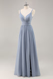 Dusty Blue Chiffon Ruched Long Bridesmaid Dress with Slit