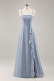 Dusty Blue Chiffon A Line Long Bridesmaid Dress with Ruffles