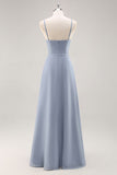 Dusty Blue Chiffon A Line Long Bridesmaid Dress with Ruffles
