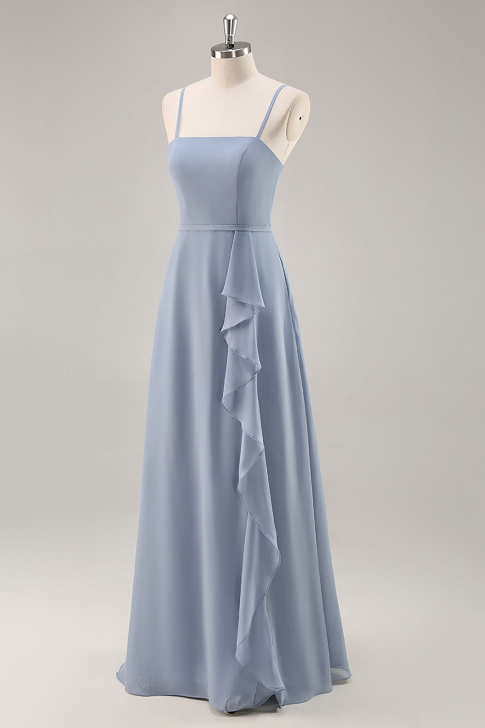 Dusty Blue Chiffon A Line Long Bridesmaid Dress with Ruffles