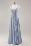 Dusty Blue Chiffon A Line Long Bridesmaid Dress with Ruffles