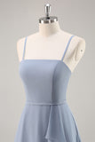 Dusty Blue Chiffon A Line Long Bridesmaid Dress with Ruffles