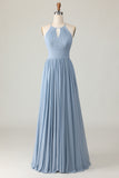 Dusty Blue Halter Chiffon Ruched Long Bridesmaid Dress with Keyholes