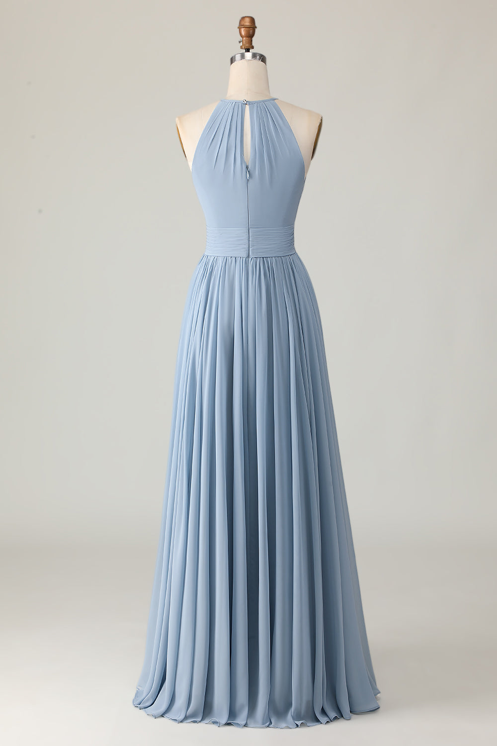 Dusty Blue Halter Chiffon Ruched Long Bridesmaid Dress with Keyholes