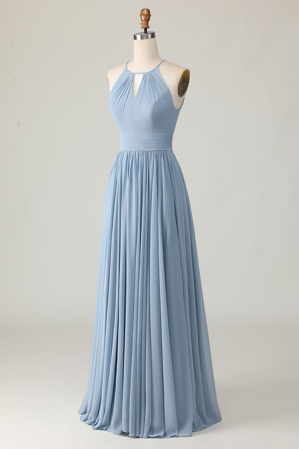 Dusty Blue Halter Chiffon Ruched Long Bridesmaid Dress with Keyholes