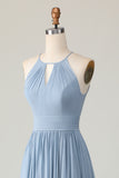 Dusty Blue Halter Chiffon Ruched Long Bridesmaid Dress with Keyholes
