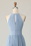 Dusty Blue Halter Chiffon Ruched Long Bridesmaid Dress with Keyholes