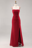 Dark Red Spaghetti Straps Ruched Chiffon Long Bridesmaid Dress with Slit