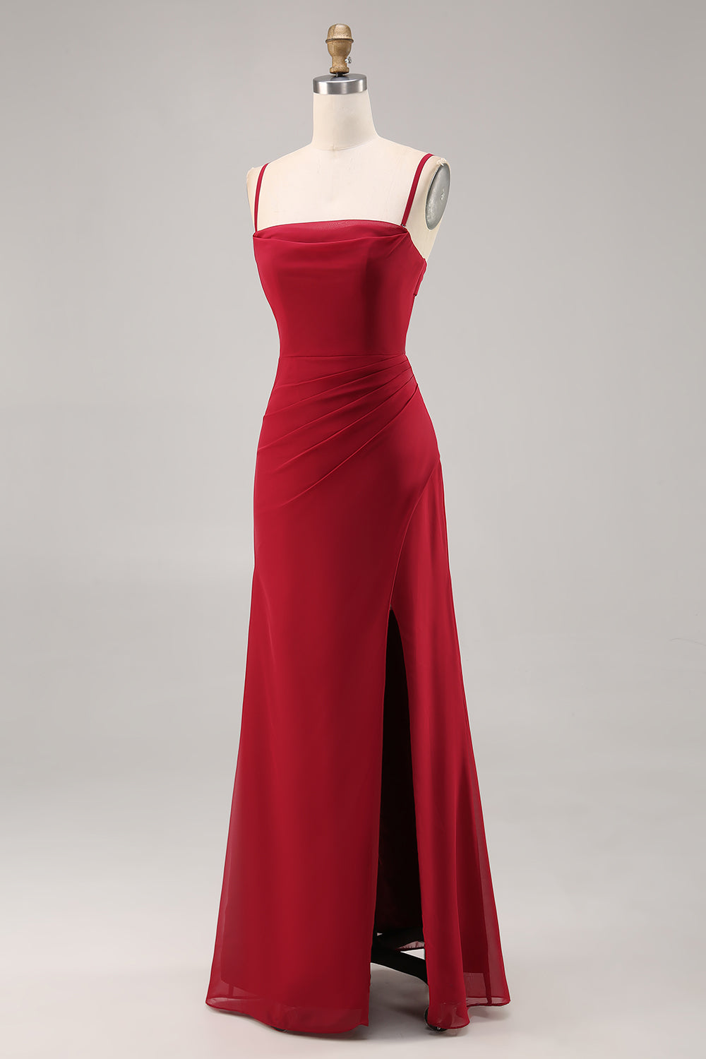 Dark Red Spaghetti Straps Ruched Chiffon Long Bridesmaid Dress with Slit