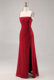 Dark Red Spaghetti Straps Ruched Chiffon Long Bridesmaid Dress with Slit