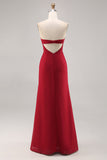 Dark Red Spaghetti Straps Ruched Chiffon Long Bridesmaid Dress with Slit