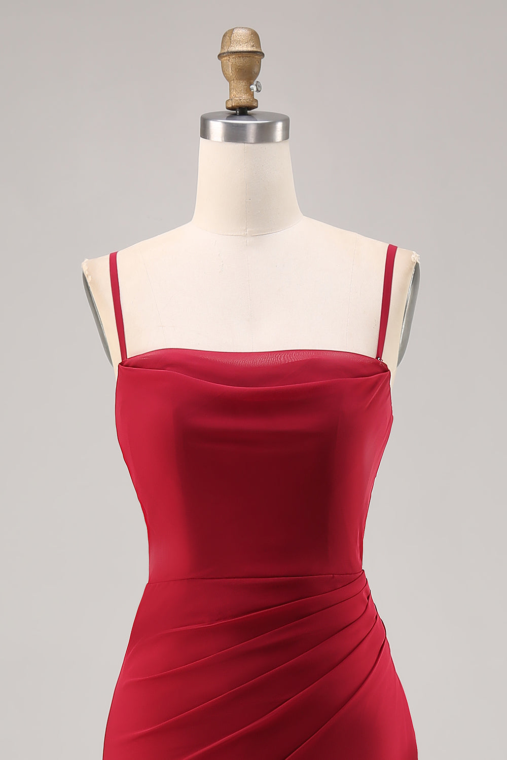 Dark Red Spaghetti Straps Ruched Chiffon Long Bridesmaid Dress with Slit
