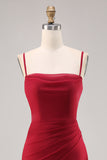 Dark Red Spaghetti Straps Ruched Chiffon Long Bridesmaid Dress with Slit