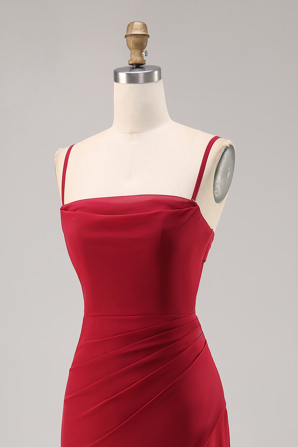 Dark Red Spaghetti Straps Ruched Chiffon Long Bridesmaid Dress with Slit
