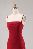 Dark Red Spaghetti Straps Ruched Chiffon Long Bridesmaid Dress with Slit