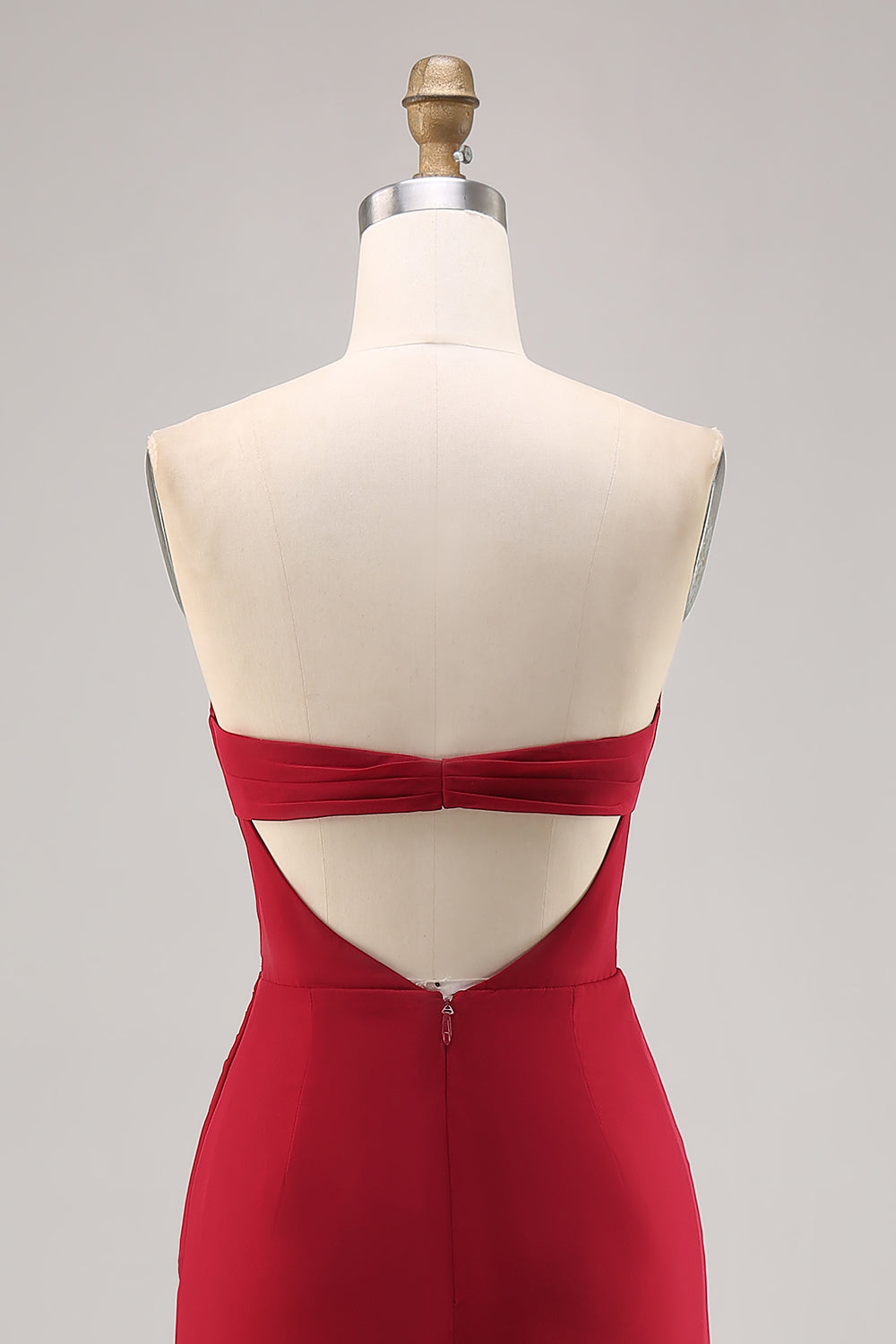 Dark Red Spaghetti Straps Ruched Chiffon Long Bridesmaid Dress with Slit