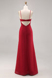 Dark Red Spaghetti Straps Ruched Chiffon Long Bridesmaid Dress with Slit