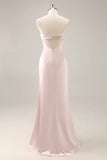 Candy Pink Satin Mermaid Ruched Long Bridesmaid Dress with Slit