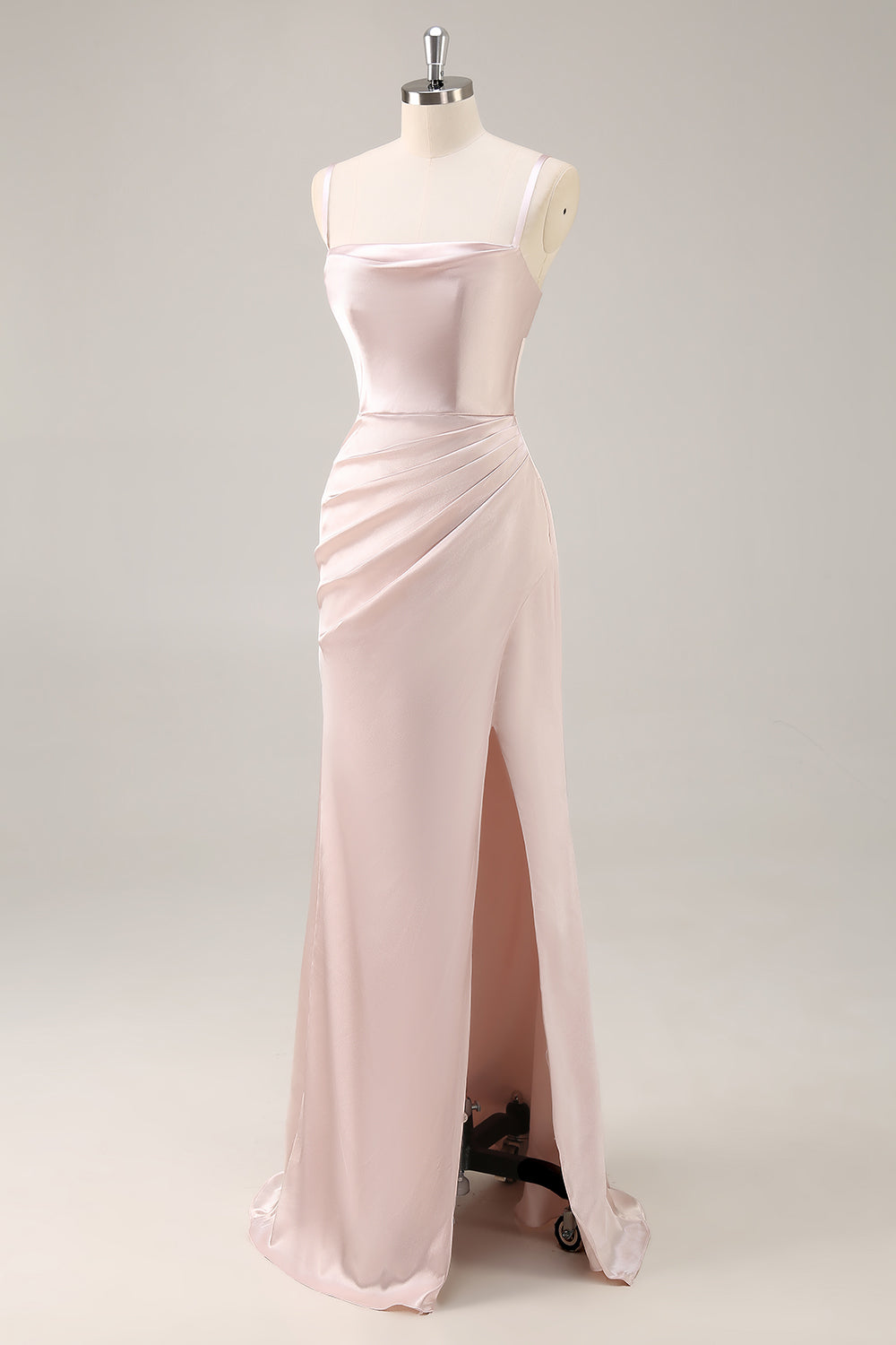 Candy Pink Satin Mermaid Ruched Long Bridesmaid Dress with Slit