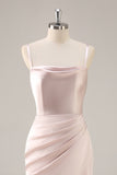 Candy Pink Satin Mermaid Ruched Long Bridesmaid Dress with Slit