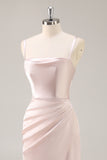 Candy Pink Satin Mermaid Ruched Long Bridesmaid Dress with Slit