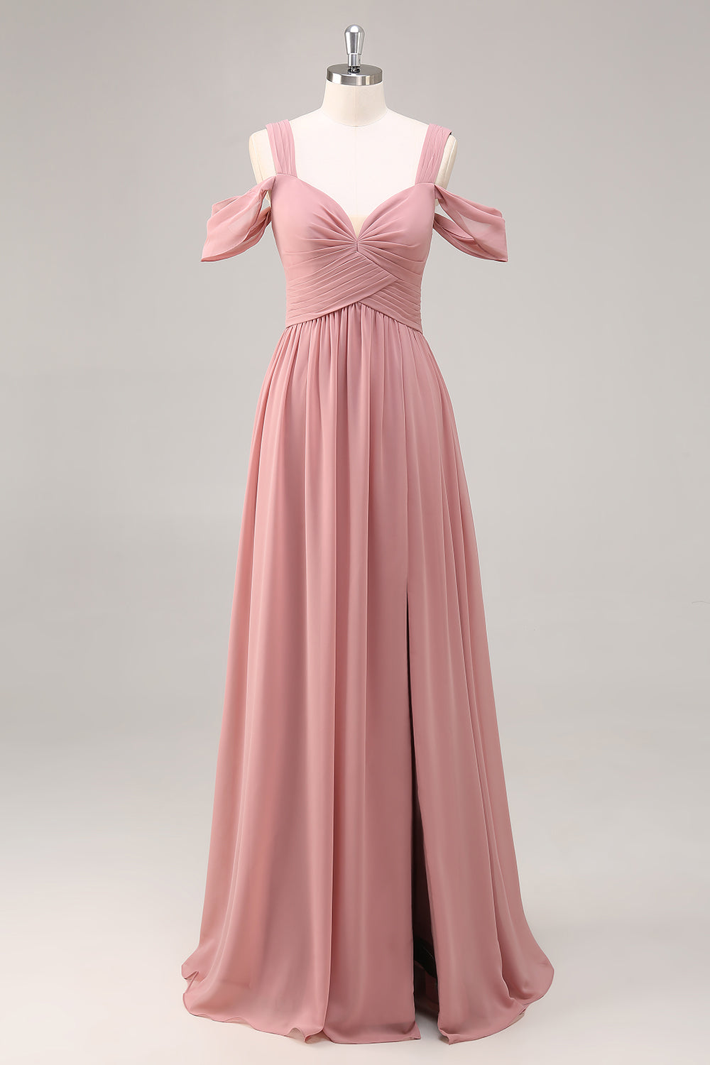 Dusty Rose Cold Shoulder Chiffon Ruched Long Bridesmaid Dress with Slit