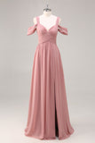 Dusty Rose Cold Shoulder Chiffon Ruched Long Bridesmaid Dress with Slit