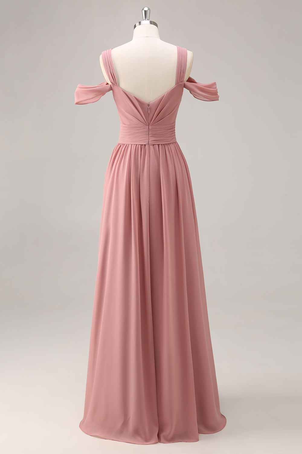 Dusty Rose Cold Shoulder Chiffon Ruched Long Bridesmaid Dress with Slit