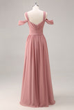 Dusty Rose Cold Shoulder Chiffon Ruched Long Bridesmaid Dress with Slit