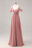 Dusty Rose Cold Shoulder Chiffon Ruched Long Bridesmaid Dress with Slit