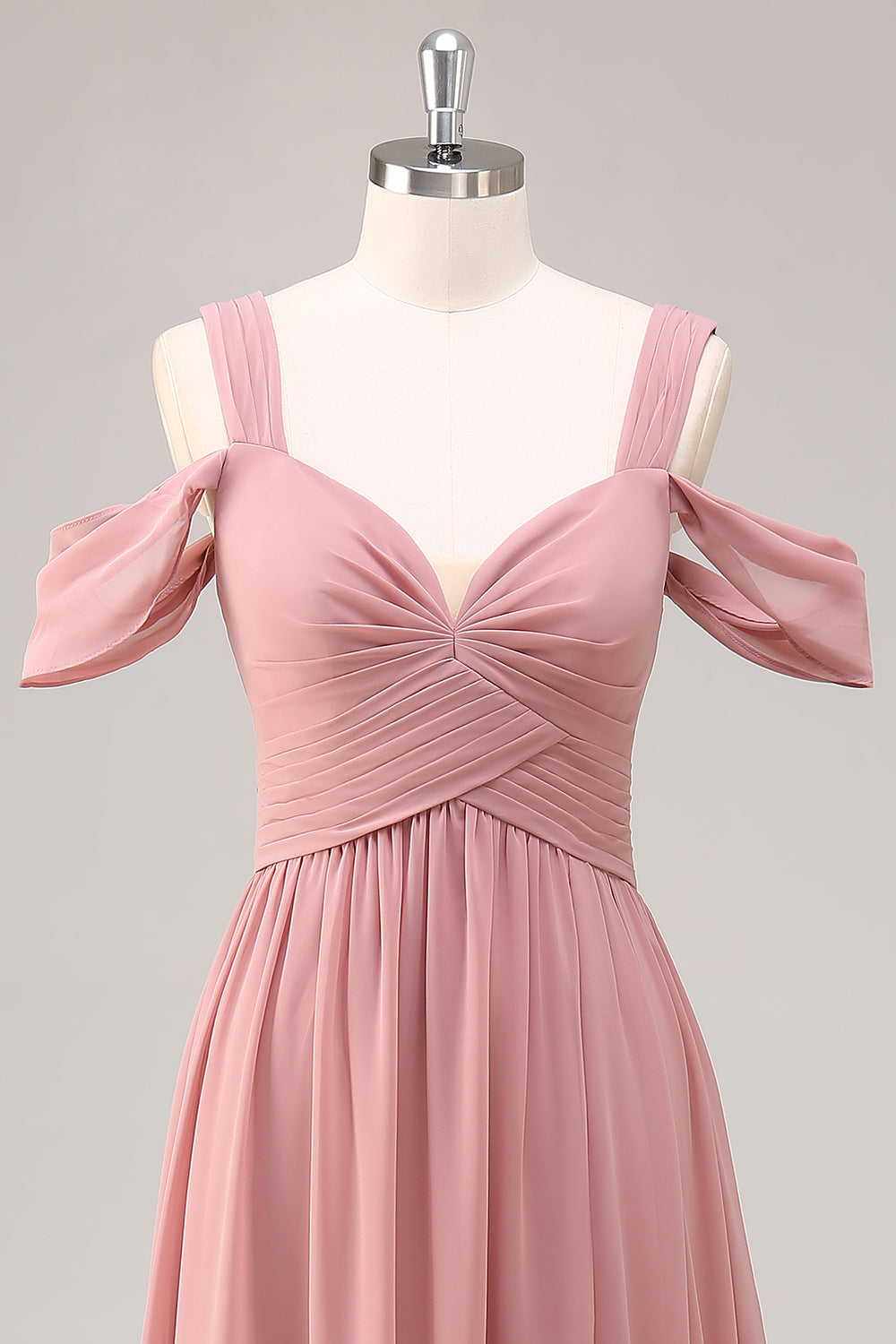 Dusty Rose Cold Shoulder Chiffon Ruched Long Bridesmaid Dress with Slit