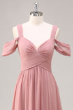 Dusty Rose Cold Shoulder Chiffon Ruched Long Bridesmaid Dress with Slit