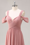 Dusty Rose Cold Shoulder Chiffon Ruched Long Bridesmaid Dress with Slit