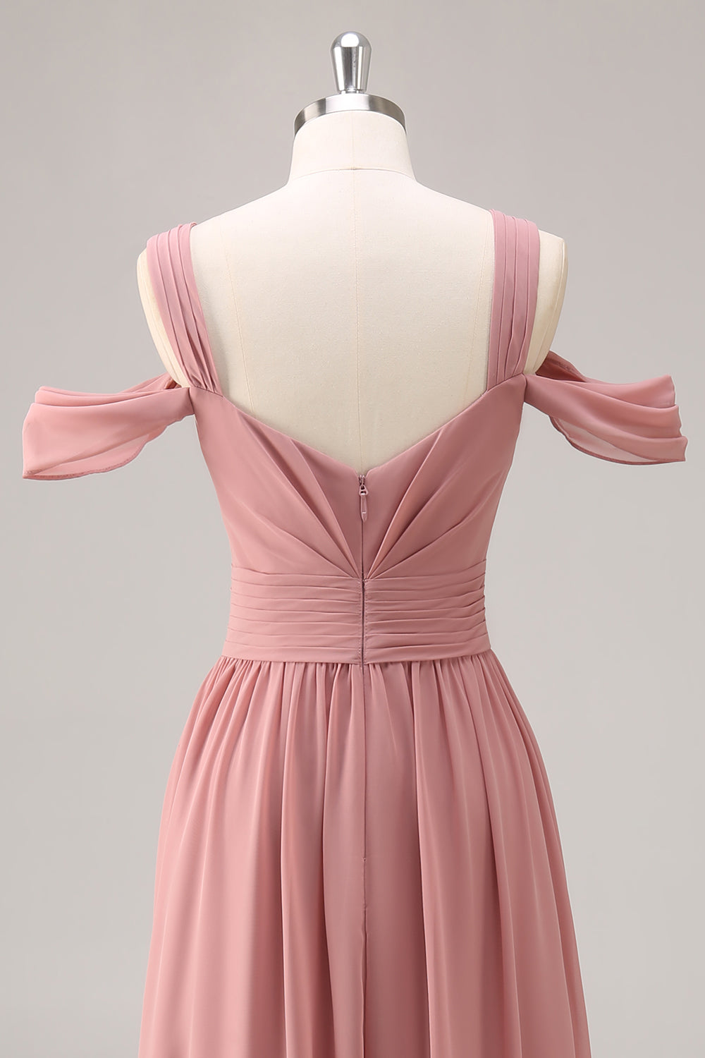 Dusty Rose Cold Shoulder Chiffon Ruched Long Bridesmaid Dress with Slit