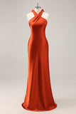 Rust Satin Halter Mermaid Long Bridesmaid Dress with Bow