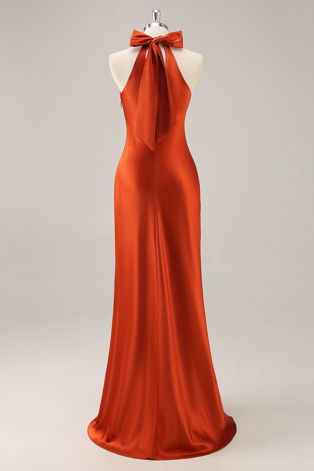 Rust Satin Halter Mermaid Long Bridesmaid Dress with Bow