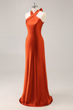Rust Satin Halter Mermaid Long Bridesmaid Dress with Bow