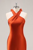 Rust Satin Halter Mermaid Long Bridesmaid Dress with Bow