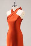 Rust Satin Halter Mermaid Long Bridesmaid Dress with Bow